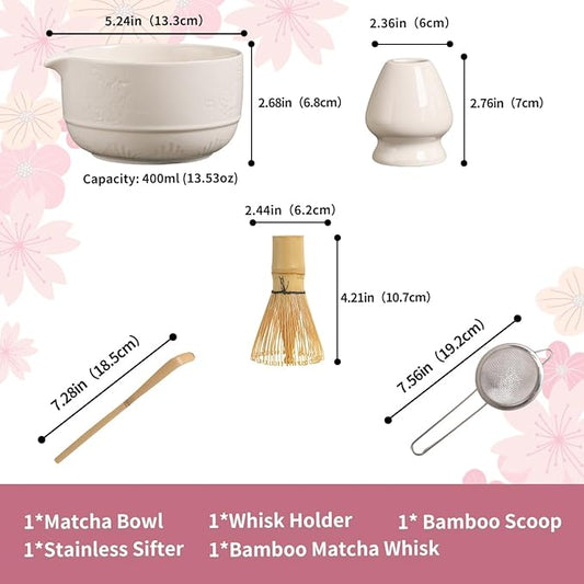 Matcha Tea Set, 5-Piece Ceramic Matcha Bowl & Whisk Kit with Cute Cat Pattern, Traditional Japanese Chawan, Scoop & Sifter, Perfect for Tea Ceremony, Gift for & Tea Lovers (white)