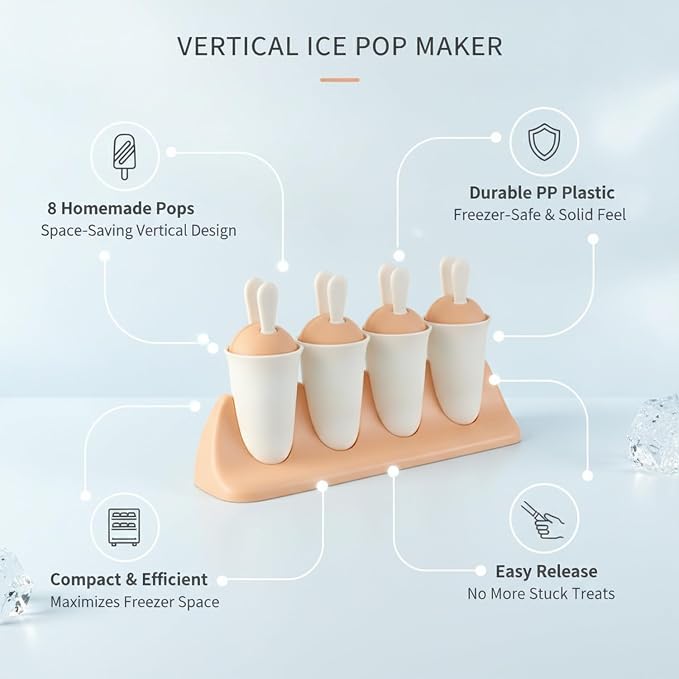 Easy-Use Vertical Popsicle Mold, 8-Cavity Ice Pop Maker for Compact Freezers, Durable PP Plastic Tray