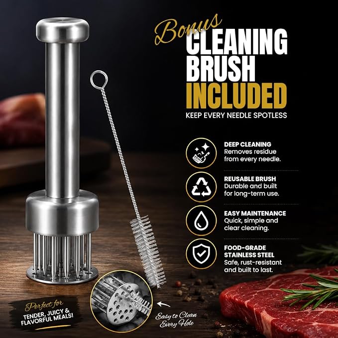 Stainless Steel Meat Tenderizer Tool with 21 Sharp Needles – Blade Tenderizer for Chicken, Beef, Steak – Heavy Duty Meat Pounder Hammer, Easy Grip Kitchen Gadget for Cooking & Chef Tools