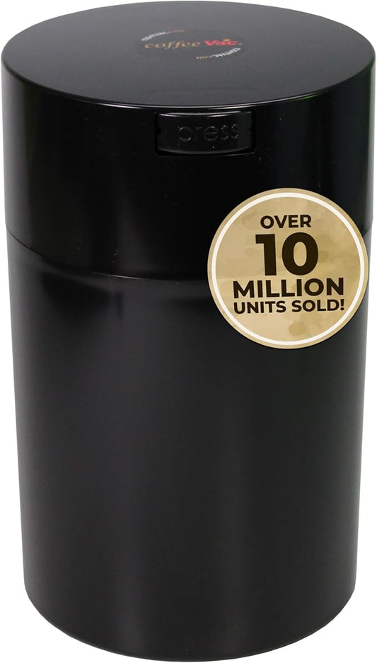 COFFEEVAC 1 LB Airtight Coffee Bean Storage Container, Patented Vacuum Seal, Coffee Grounds Container, 1.85L, Smell Proof, Black Cap and Body