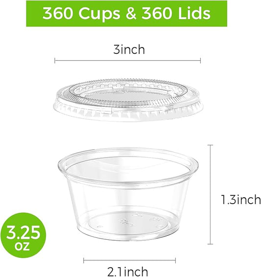 360 Set 4 oz Jello Shot Cups with Lids, Sturdy & Food Safe Disposable Plastic Portion Condiment Dipping Sauce Cups, Small Containers for Salad Dressing