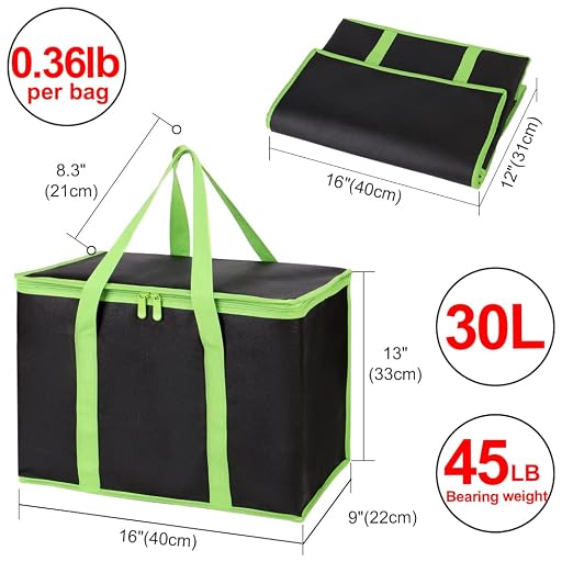 2-Pack Insulated Reusable Grocery Shopping Bag, X-Large, Black-Green | Insulated Food Delivery Bag, Commercial Catering Food Warmer, Tote Cooler Bag, Heavy Duty, Thermal/Frozen Food Storage Picnic