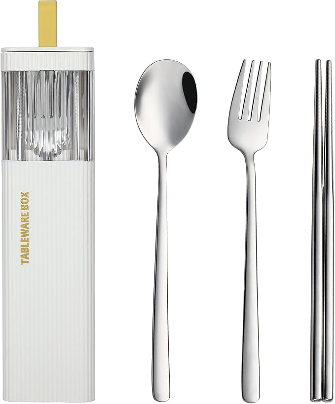 DEVICO Travel Utensils with Case, 4Pcs Korean Chopsticks Fork and Spoon Set | 18/8 Stainless Steel Portable Cutlery Set, Reusable Silverware for Lunch Box/Camping/Work/School, Dishwasher Safe, White