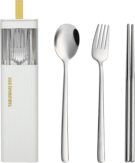 DEVICO Travel Utensils with Case, 4Pcs Korean Chopsticks Fork and Spoon Set | 18/8 Stainless Steel Portable Cutlery Set, Reusable Silverware for Lunch Box/Camping/Work/School, Dishwasher Safe, White