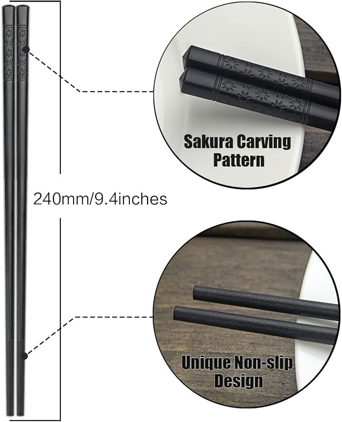 YFWOOD 5 Pairs Chopsticks, Safe Non-Slip Reusable Chopsticks Dishwasher, 9.4 Inch- Black