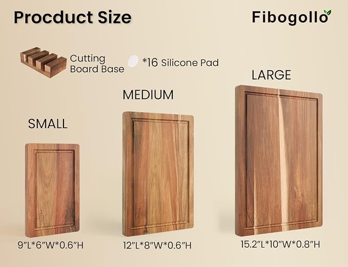 Fibogollo Set of 3 Acacia Wood Kitchen Cutting Boards with Holder | Wooden Chopping Boards Set with Juice Groove, Serving Board with Storage Stand,Butcher Block for Meat,Vegetables,Fruit