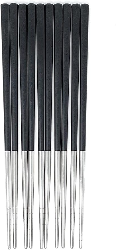 Qinlang Reusable Chopsticks, Stainless Steel Tips/Fiber Glass Handles, Dishwasher Safe, Non-Slip Metal Chopsticks for Cooking Eating, 5 Pairs Gift Pack - Black