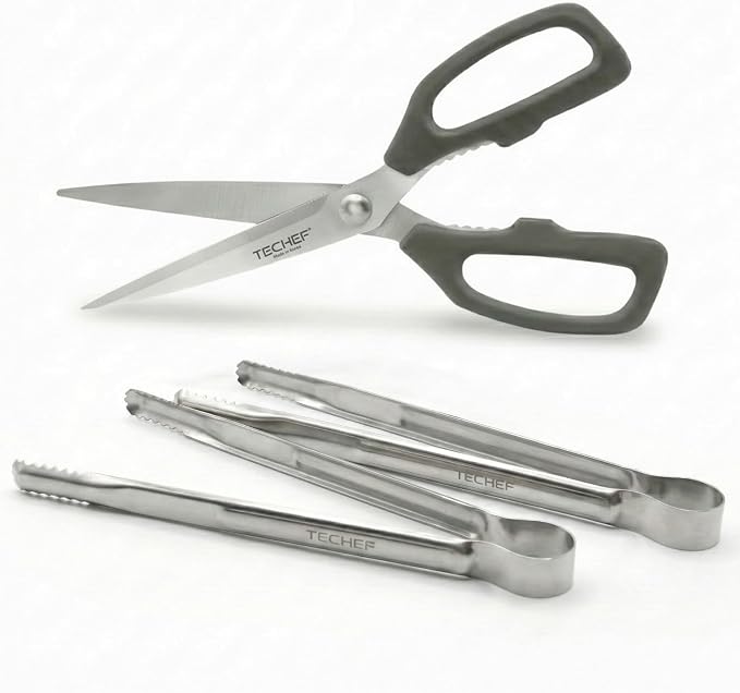 TECHEF Kitchen Shears With 2 Stainless Steel Tongs & Travel Bag, Dishwasher Safe, 4-Piece Complete Set, Made in Korea (Scissors & Tongs Set)