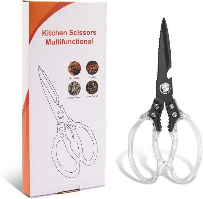 CGBE Kitchen Scissors, Multi-Purpose Kitchen Shears, Heavy Duty Food Scissors for Chicken, Poultry, Fish, Meat & Herbs with Non-Slip Grips (Transparent Black)