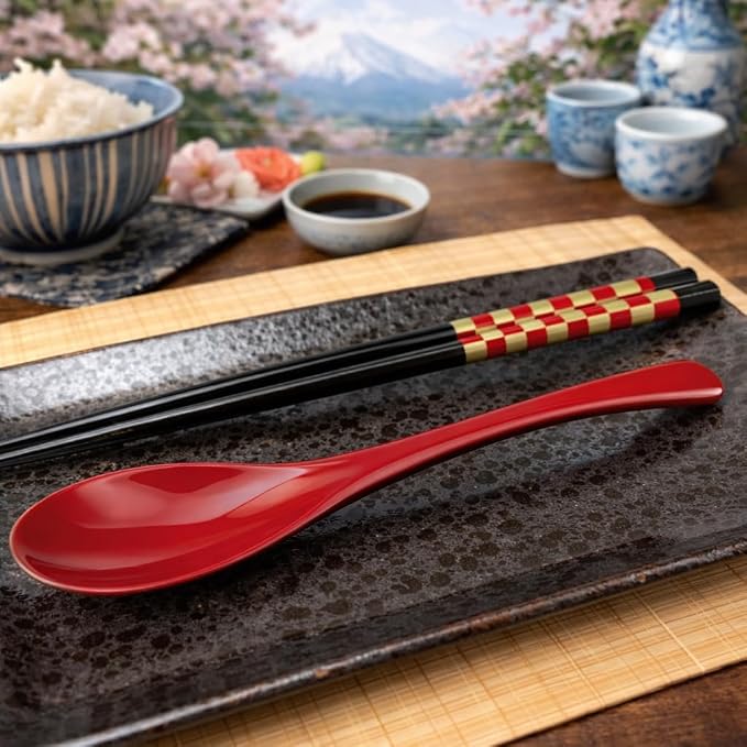 Premium Japanese Chopsticks with Spoon Reusable [ Made in Japan ] Traditional Lacquer Art Wooden Chopsticks (Checker RD(YM2004))