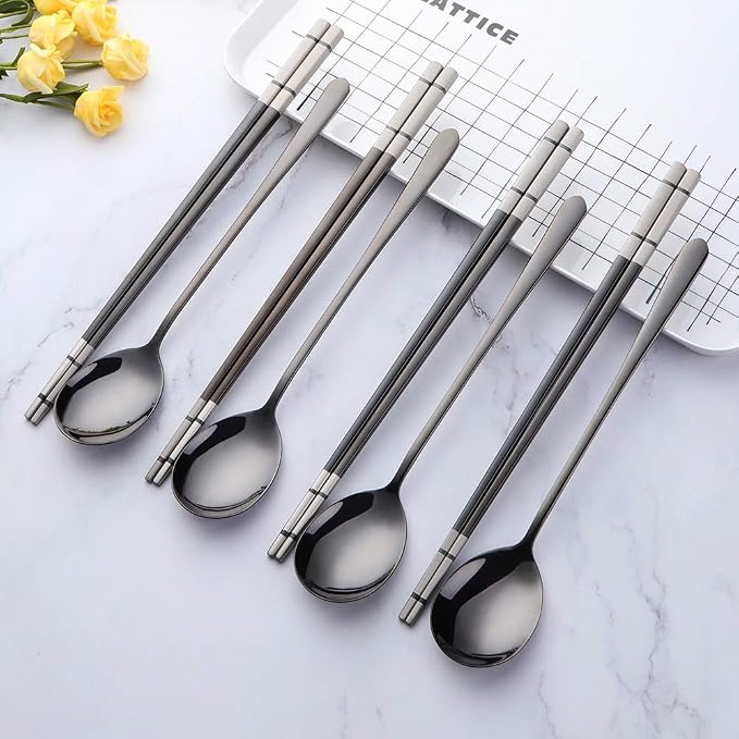 Buyer Star 4 Set Black Square Chopsticks and Spoons Set Metal Stainless Steel Spoons Chopsticks Set
