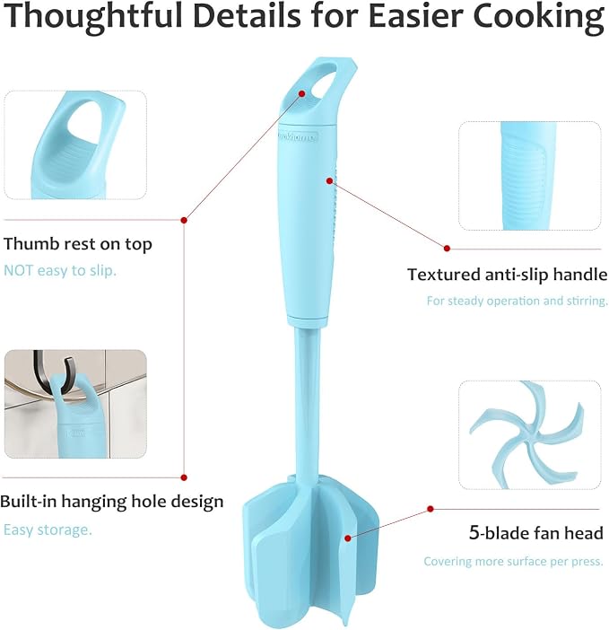 Ourokhome Meat Chopper and Potato Masher, Heat Resistant Nylon Ground Beef Smasher for Hamburger, 5 Curved Blades Nonstick Safe Mixer & Stirrer, Practical Kitchen Gadgets, Mint