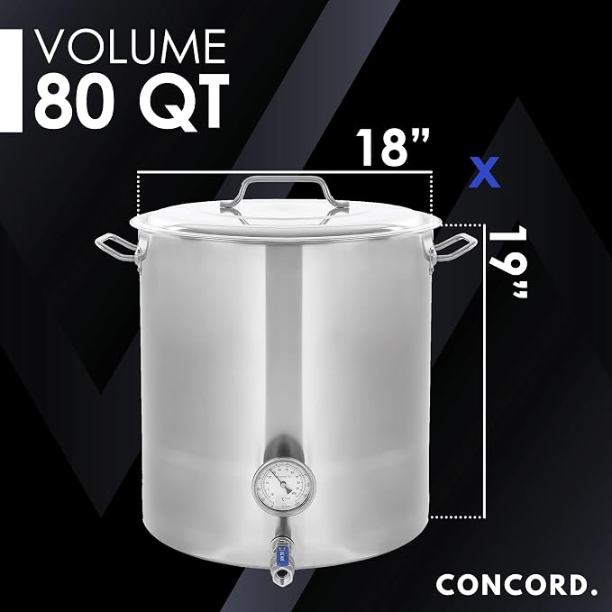 CONCORD Stainless Steel Home Brew Kettle Stock Pot (Weldless Fittings) (80 QT/ 20 Gal)