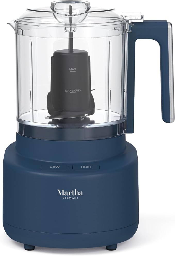 Martha Stewart 3 Cup Electric Vegetable Chopper, Mini Food Processor, Navy | 24oz BPA-Free Bowl, Stainless Steel Blades, Pour Spout, Dice, Puree, Mince, Chop Vegetables & Herbs, Dishwasher-Safe Parts