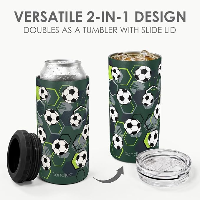 Soccer Can Cooler 12oz - Stainless Steel Insulated for Men Brother Buddy Players - Travel Mug Cups - Tumbler Cans Koozie, Sport Gift for Birthday, Christmas