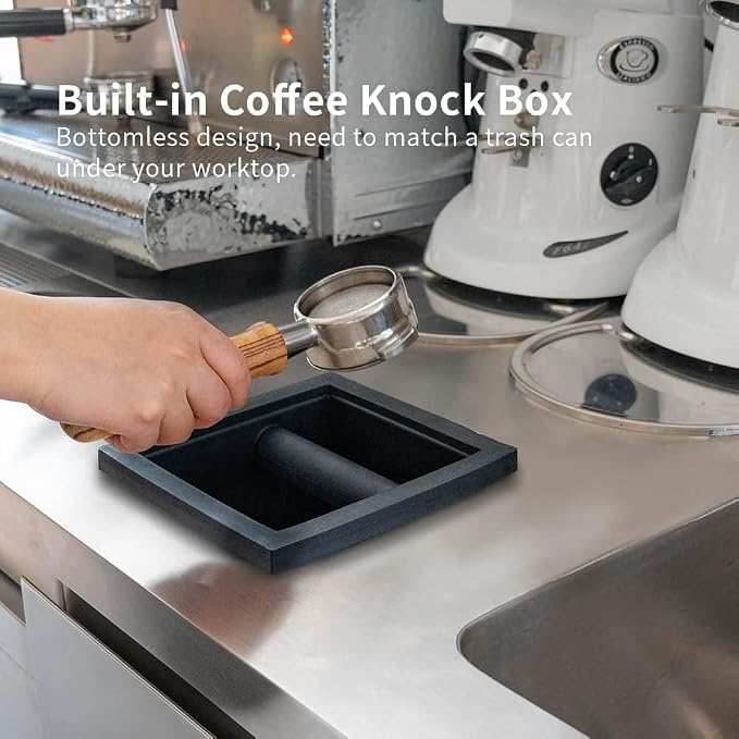 watchget Bottomless Espresso Knock Box, Built-in Coffee Ground Container | Detachable Rubber Rod; Desktop Waste Bin for Commercial Coffee Bar Shop
