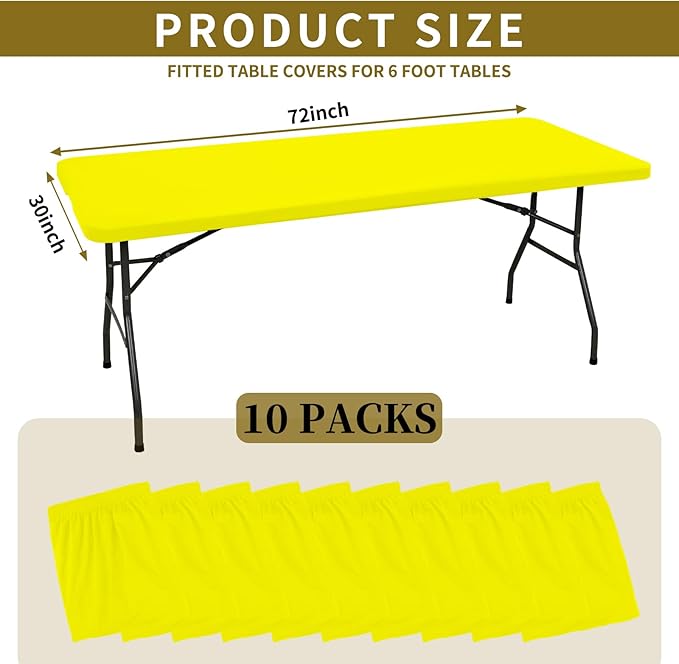 10 Pack Fitted Tablecloth for 6 Foot Rectangle Tables, Yellow Elastic Outdoor Picnic Table Cover, Washable Stretch Folding Table Cloths 6 ft for Camping Party Patio Kitchen Banquet, 30" W x 72" L