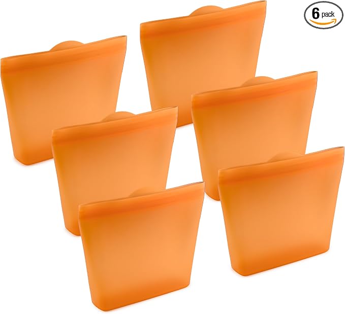 Home Logic Reusable Sandwich Bags - Set of 6 Firecracker Orange Silicone Freezer Bags, Airtight Leak Resistant Reusable Zip Bags for Kitchen Home Food Prep, Microwave & Sous Vide Safe