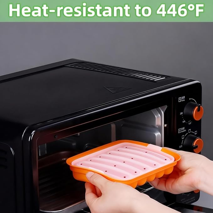 Silicone Sausage Mold 2 Pcs with a Set of Silicone Brush Spatula and 25x Pastry Bags, Non-Stick Hot Dog Bun Pan, DIY Handmade Ham Sausage, Hot Dogs Baking Mold for Children's Food with Lid, Orange*2
