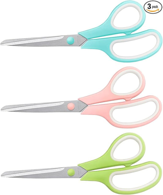LONGKEY 8.5" Pastel Scissors 3-Pack, Ultra Sharp Stainless Steel | Scissors for Office Home School, Soft Comfort-Grip Right/Left Hand