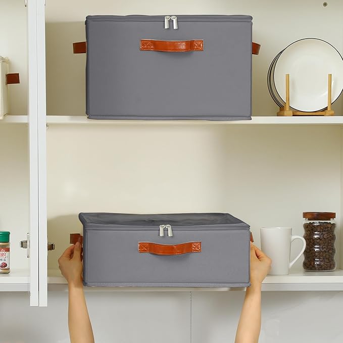 Foyego Cup and Mug Storage Box, Grey, 2 Pack | 32 Adjustable Dividers, Hard Shell, with Transparent Lid, 3 Handles, Zippers, Stackable Storage Organizers for Packing&Moving