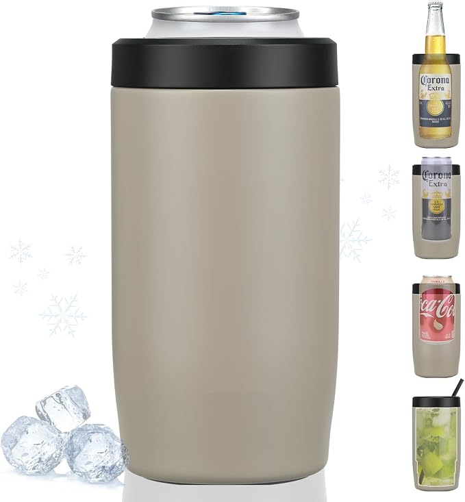 4-in-1 Slim Can Cooler Easy to Hold Insulated Beer Can Holder Double-walled Stainless Steel for All 12 Oz Cans (Beige)