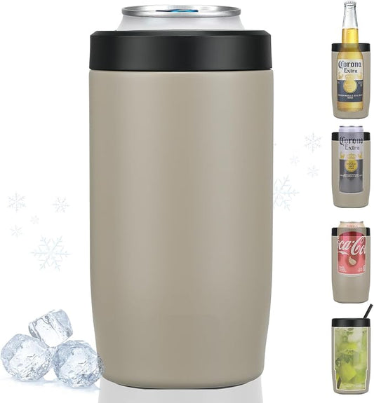 4-in-1 Slim Can Cooler Easy to Hold Insulated Beer Can Holder Double-walled Stainless Steel for All 12 Oz Cans (Beige)