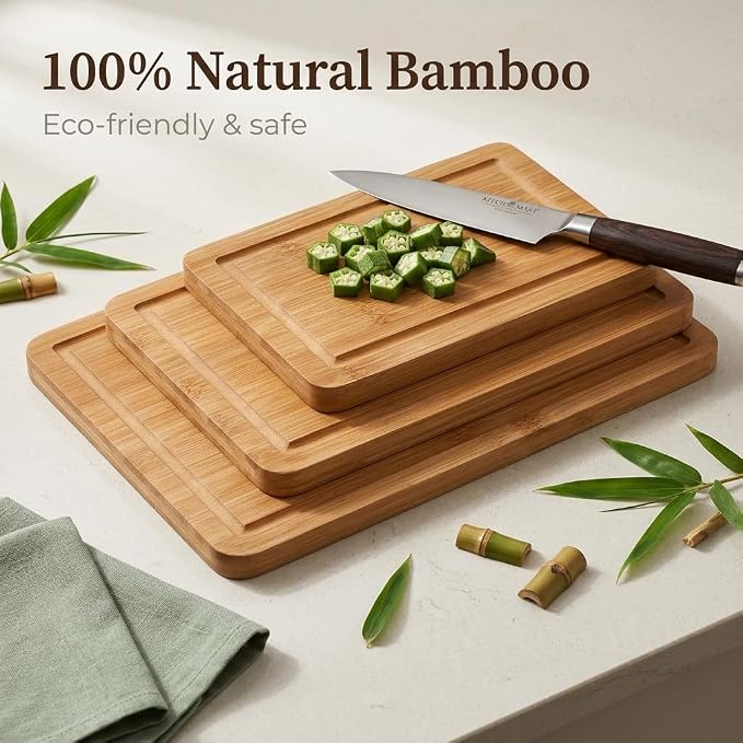 3-Piece Deep Carbonized Bamboo Cutting Board Set with Vertical Drying Stand | Wooden Chopping Boards for Kitchen | Extra Deep Juice Grooves & Easy-Carry Side Handles | Gift-Ready