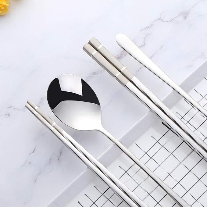 Buyer Star Stainless Steel Korean Chopsticks Spoons and Fork Set, 2 Pack Reusable Forks and Spoons Silverware Korean Utensil Set, Portable Utensils Dinnerware for Home (Silver)