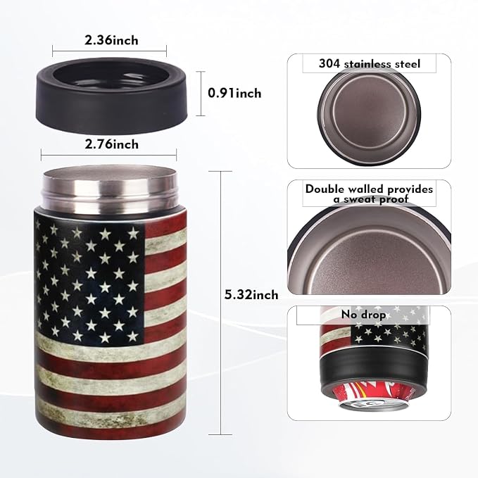 Stepstall 14 oz. Beer Bottle and Can Cooler with Beer Opener,3 in 1 Slim Can Beer Bottle Insulators Holder, Stainless Steel Double Walled Insulated Can Cooler for Beer,Soda, Flag