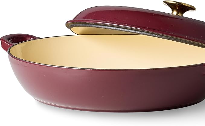 CAROTE 3.4QT Enameled Cast Iron Braiser Pan, Shallow Dutch Oven Casserole Skillets, Non-Toxic Cast Iron Pot with Lid for Grilling, Searing, Baking, Dual Handles, All Stovetop Compatible, Fig