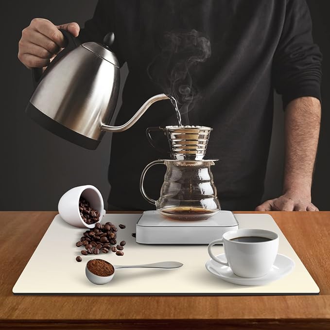 ZLR Coffee Bar Mat for Keurig & Nespresso, 12"x16" Small, Creamy | Absorbent Dish Drying Mat, Stain-Hiding PU Leather Top, Non-Slip Rubber Back, Heat-Resistant, Fits Frother & Pour-Over