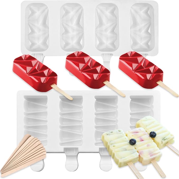 Ice Cream Popsicle Silicone Mold Set of 2, 8-Cavity Chocolate Cake Fondant Molds, Home DIY Popsicle Tools, BPA Free, Reusable and Easy to Clean Homemade Popsicle Maker with 50 Wooden Sticks