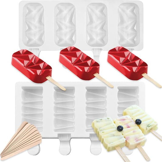 Ice Cream Popsicle Silicone Mold Set of 2, 8-Cavity Chocolate Cake Fondant Molds, Home DIY Popsicle Tools, BPA Free, Reusable and Easy to Clean Homemade Popsicle Maker with 50 Wooden Sticks
