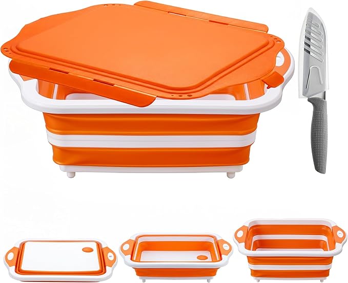 Collapsible BBQ Prep Tub with Lid, Foldable Camping Sink with Colander, Cutting Board, Dish Basin for Kitchen, Bowl, Vegetable and Fruit, Storage Basket for Picnic-Orange