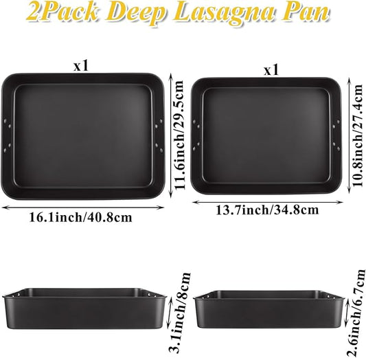 CYEAH 2 Pack Lasagna Pan Deep Baking Pan for Oven, 13.7 in & 16 inch Baking Dishes for Oven, Roasting Pan Brownie Pan with Handles, Nonstick Rectangle Cake Pans Sets for Baking Cooking, Black