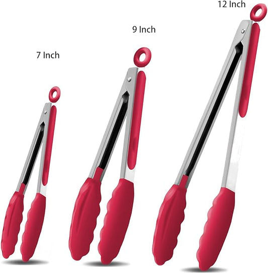 Kitchen Tongs with Silicone Tips,Tongs for Cooking Heat Resistant 600 Degrees Stainless Steel Locking Tongs,Red Set of 3-7", 9" and 12"