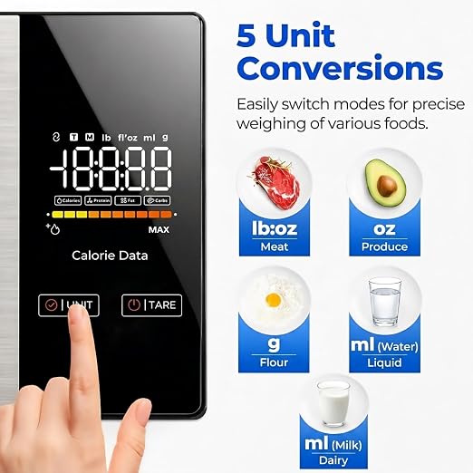 Smart Nutrition Food Scale with App - 1g Precision Digital Kitchen Scale, Tracks Calories & 24 Nutrients, Macros, Fat & Protein for Keto, Fitness & Meal Prep, 11lb/5kg with Tare Function