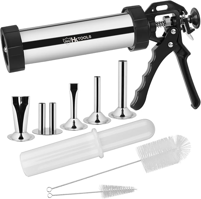 4rd Gen 2.1LB Jerky Gun Kits, Jerky Maker Gun, Beef Jerky Gun, Stainless Steel Sausage Stuffer Jerky Making Gun with 5 Stainless Nozzles, 2 Cleaning Brushes, 1 Stomper