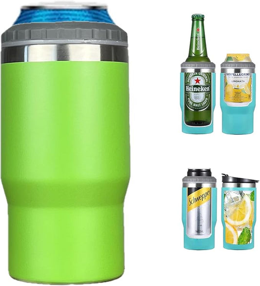 4 in 1 Stainless Steel Can/Bottle Insulator, 14oz Two-Way Lids SUS Insulated Can Cooler, Beer Bottle holder (Green)