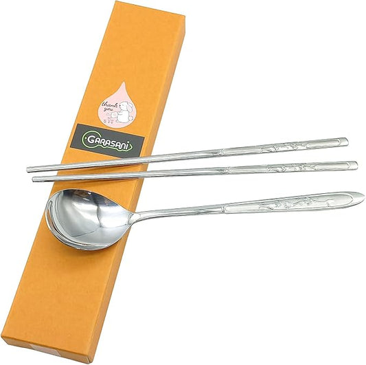 GARASANI Korean Traditional Cutlery Stainless Steel Spoons and Chopsticks Set (Silver Plum blossom)