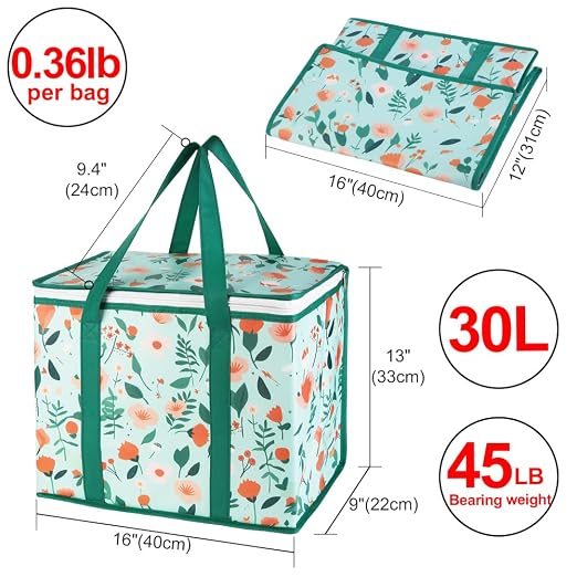 2-Pack Insulated Reusable Grocery Shopping Bags, X-Large Insulated Food/Pizza Delivery Bag for Delivery Drivers, Commercial Food Warmers, Tote Cooler/Thermal Bags for Travel, Picnic