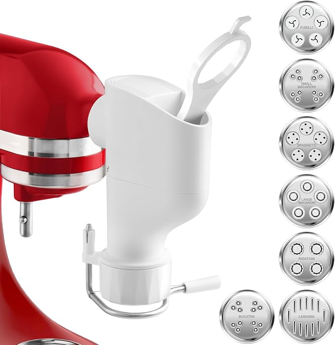 KITOART Pasta Press Attachment for Kitchenaid Stand Mixers, 7-in-1 Plates | Pasta Extruder Kit with 7 Plates for Spaghetti, Rigatoni, Macaroni, Lasagna, Bucatini, Fusilli, Easy for Fresh Homemade Pasta