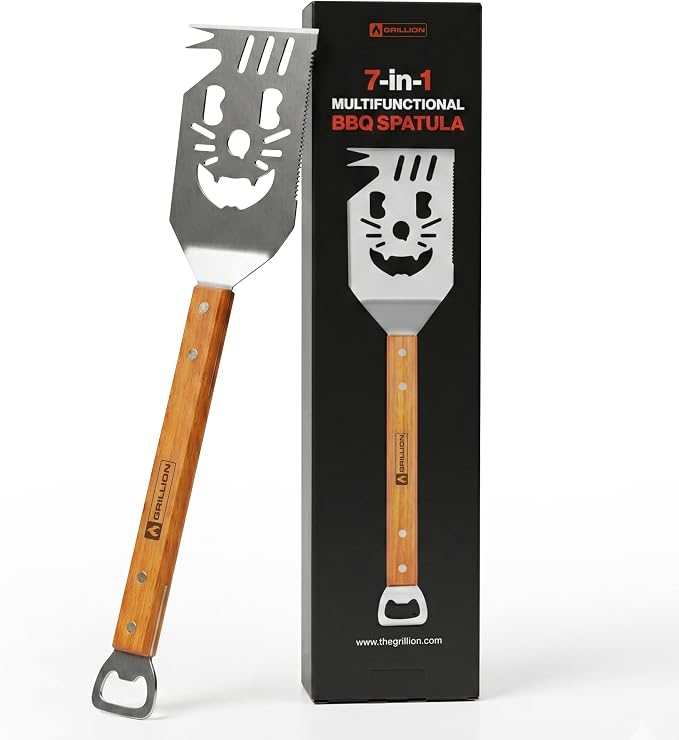 Stainless Steel Grill Spatula for Outdoor Grill, 7-in-1 BBQ Spatulas Turner, Fork & Tongs, Heavy Duty Metal Grilling Spatula with Bottle Opener, Multifunctional Barbecue Grilling Tool