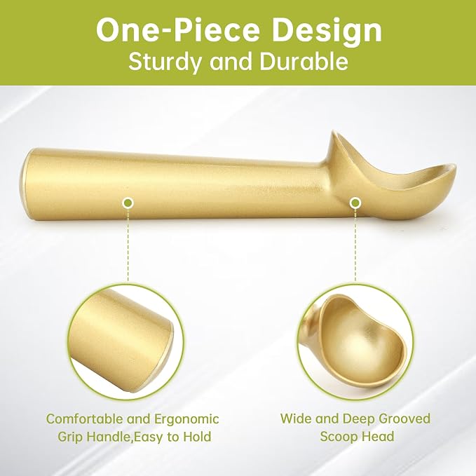 Ice Cream Scoop,7 inches Nonstick Anti-Freeze One Piece Aluminum Scooper Spoon, Heavy Duty Durable Design, Easy Clean, for Gelato, Cookie Dough, Sorbet, Almond (Gold)