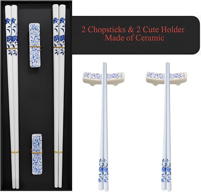 Ceramic Chopsticks Reusable with Porcelain Holder 2 Pairs Blue Rose | Delicate Box,Blue and White Porcelain,Gift set,Dishwasher Safe,Easy to clean,Cooking chopsticks