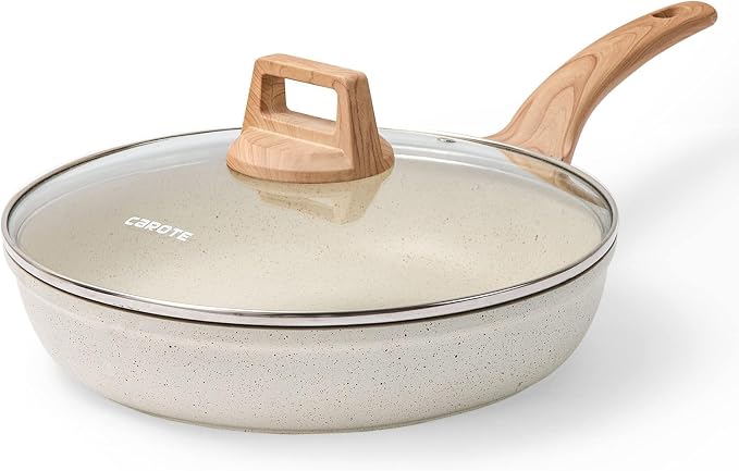 CAROTE Non Stick Frying Pan, 12 Inch Cream White Skillet with Glass Lid | Non Toxic Kitchen Healthy Cookware, Compatible with All Stovetop, Easy to Clean, PFOA Free