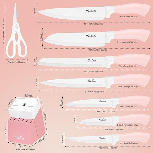 14 Pieces Knife Set with Block, Ceramic White Coating, High Carbon Stainless Steel Sharp Blade Block Knife Set, Dishwasher Safe Cutlery, Colliding Pink
