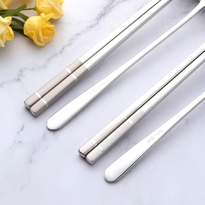 Buyer Star 4 Set Silver Square Chopsticks and Spoon Set Metal Stainless Steel Spoon Chopsticks Set