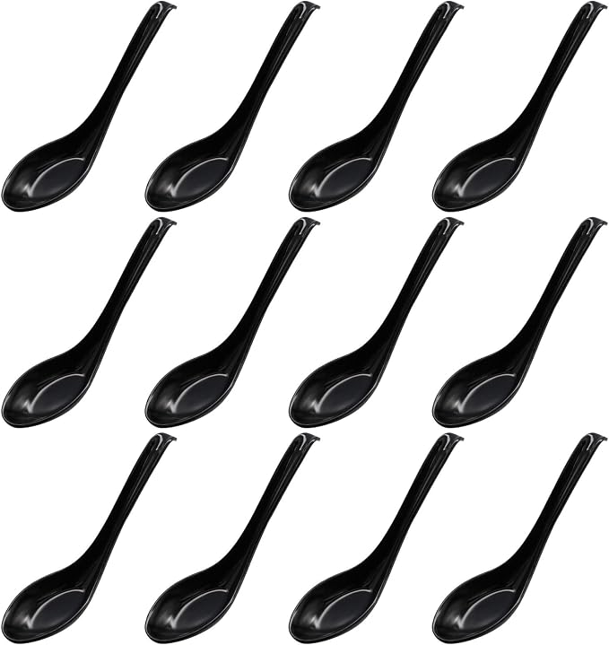 12 Pcs Soup Spoons Long Handle with Hook, Black | Asian Soup Spoons, For Chinese Japanese Dishes, Miso Ramen Dumpling Pho, Rice Noodle & Soba Soup